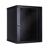 Dulap rack 15U montare pe perete WMF15U 600 mm, otel, negru, sistem ventilatie, usa sticla, pentru echipamente IT, retele si servere