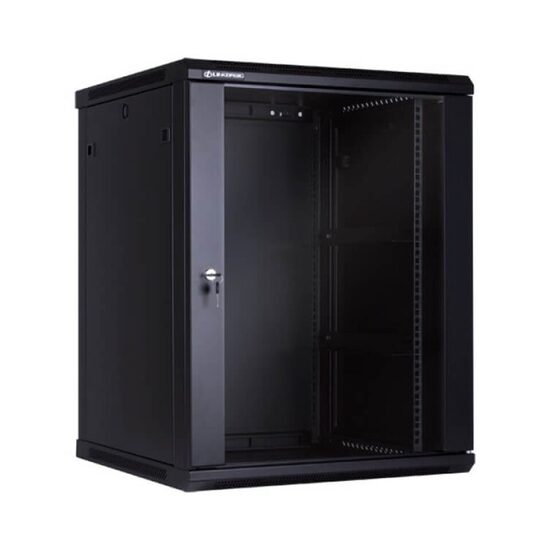 Dulap rack 15U montare pe perete WMF15U 600 mm, otel, negru, sistem ventilatie, usa sticla, pentru echipamente IT, retele si servere